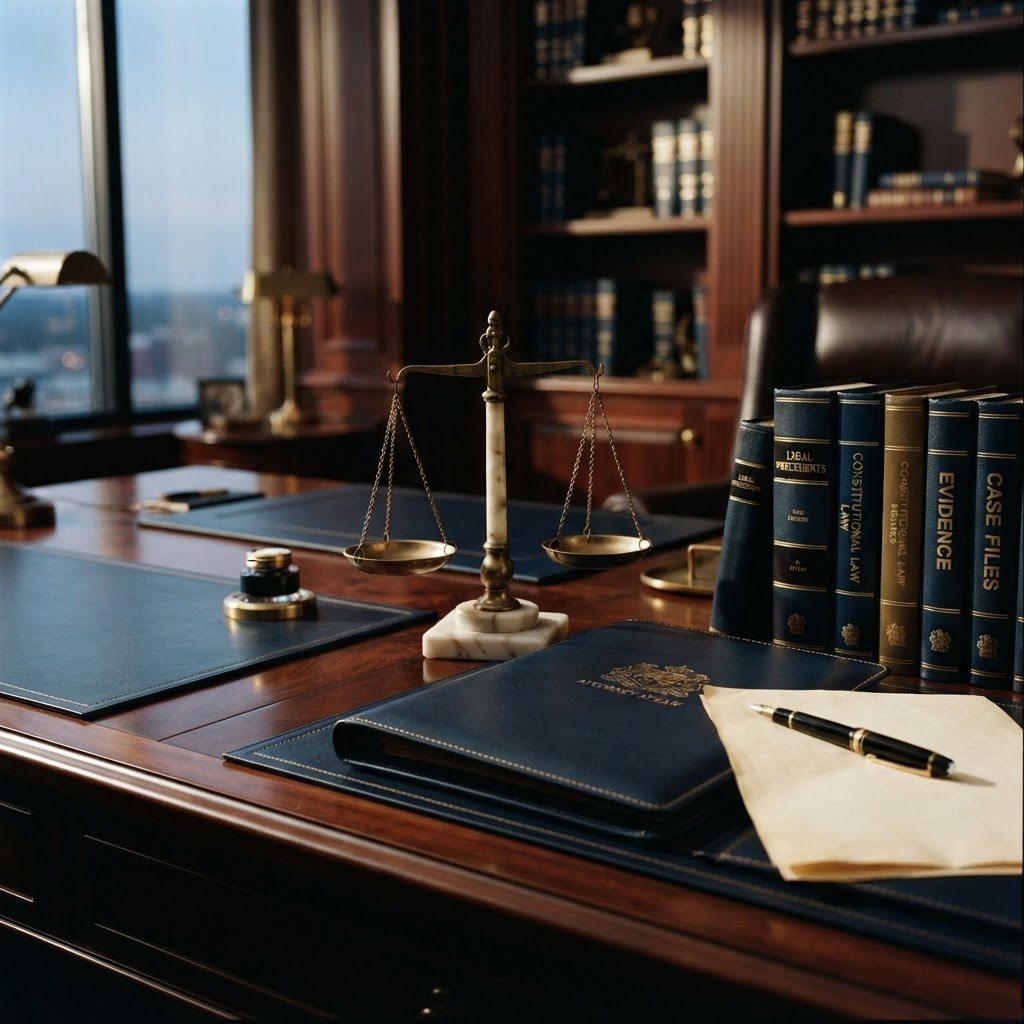 Escritorio de abogado con balanza de la justicia y libros de derecho